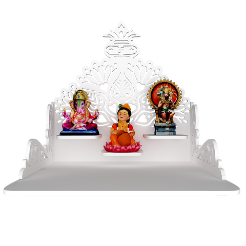 Beautiful Wall Hanging Wooden Temple/ Pooja Mandir Design with Shelf, White Color (DS013)