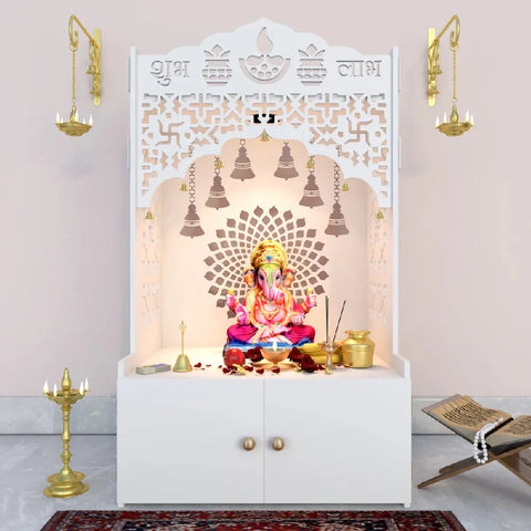 Divine Designer Wooden Floor Temple with Spacious Shelf & Inbuilt Focus Light- Pooja Mandir