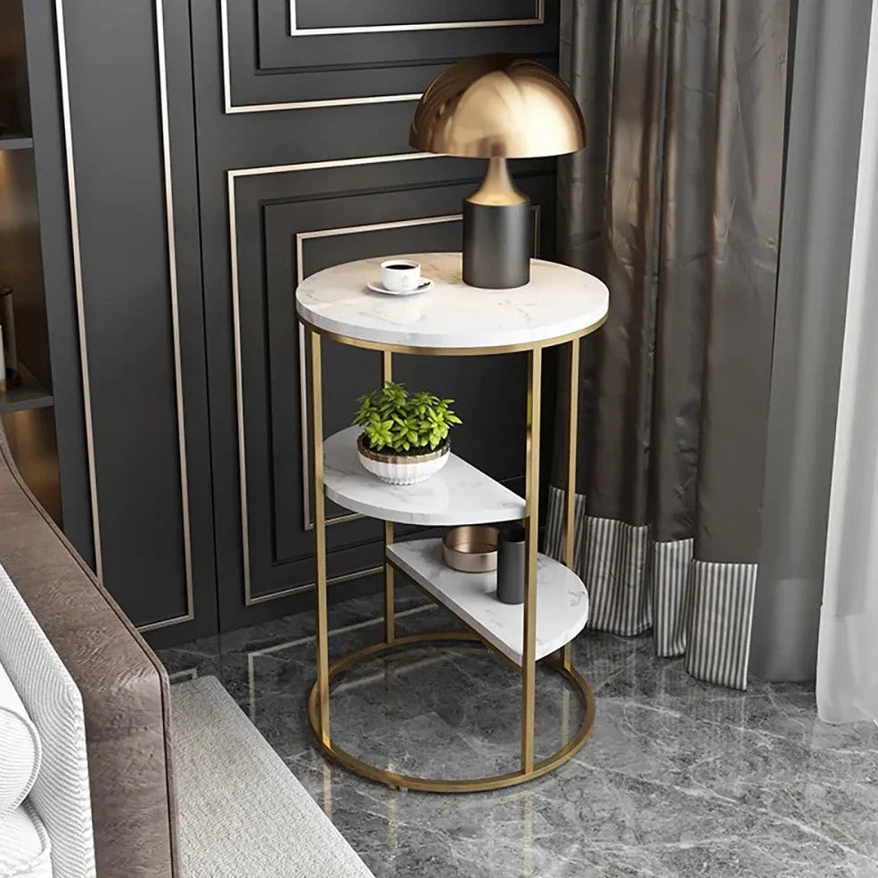 Gold End Table With 3 Tier Marble Shelf