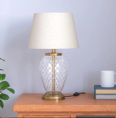 Diamond Cut Glass Table Lamp Brass Antique Finish 19 Inches Height With Off White 12 Inches Diameter Lampshade