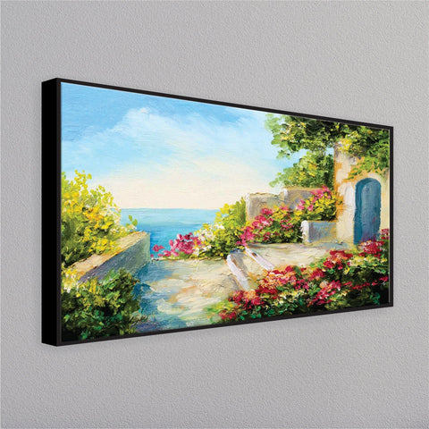 House near the sea colorful flowers wall painting