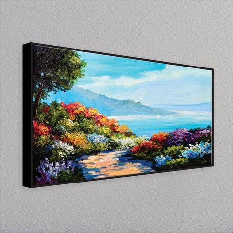 House near the sea coast colorful flowers wall painting