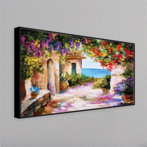 House near the sea colorful flowers wall painting