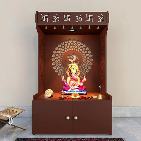 Om Chakra Floor Temple/Pooja Mandir with Spacious Wooden Shelf & Inbuilt Focus Light