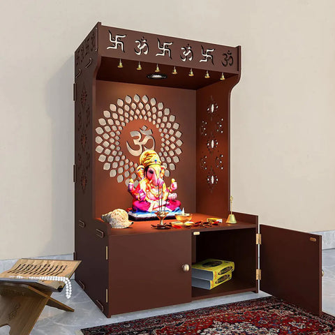 Om Chakra Floor Temple/Pooja Mandir with Spacious Wooden Shelf & Inbuilt Focus Light