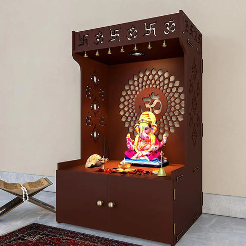 Om Chakra Floor Temple/Pooja Mandir with Spacious Wooden Shelf & Inbuilt Focus Light