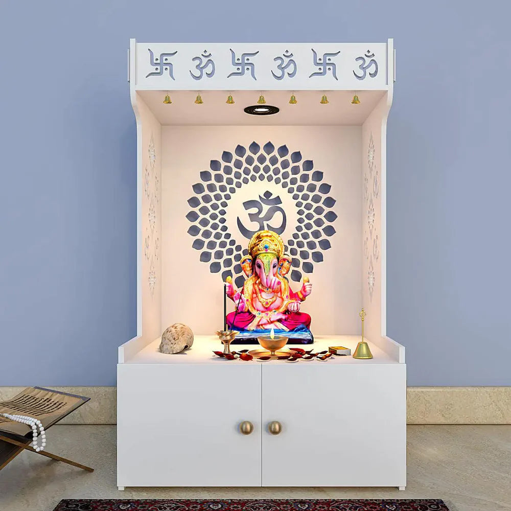 Om Chakra Floor Temple/Pooja Mandir with Spacious Wooden Shelf & Inbuilt Focus Light White