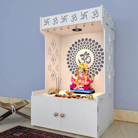 Om Chakra Floor Temple/Pooja Mandir with Spacious Wooden Shelf & Inbuilt Focus Light White