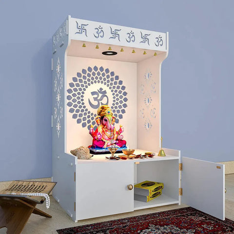 Om Chakra Floor Temple/Pooja Mandir with Spacious Wooden Shelf & Inbuilt Focus Light White