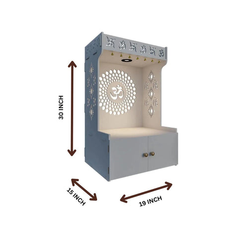 Om Chakra Floor Temple/Pooja Mandir with Spacious Wooden Shelf & Inbuilt Focus Light White