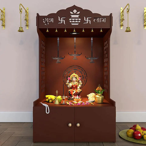 Timeless Wooden Floor Temple/Pooja Mandir for Home with Spacious Shelf & Inbuilt Focus Light Brown