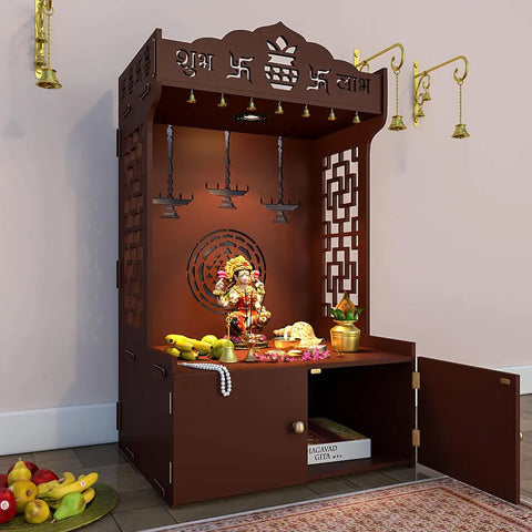 Timeless Wooden Floor Temple/Pooja Mandir for Home with Spacious Shelf & Inbuilt Focus Light Brown