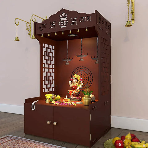 Timeless Wooden Floor Temple/Pooja Mandir for Home with Spacious Shelf & Inbuilt Focus Light Brown