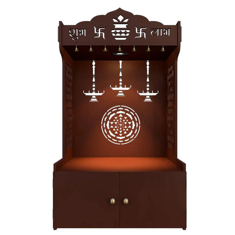 Timeless Wooden Floor Temple/Pooja Mandir for Home with Spacious Shelf & Inbuilt Focus Light Brown