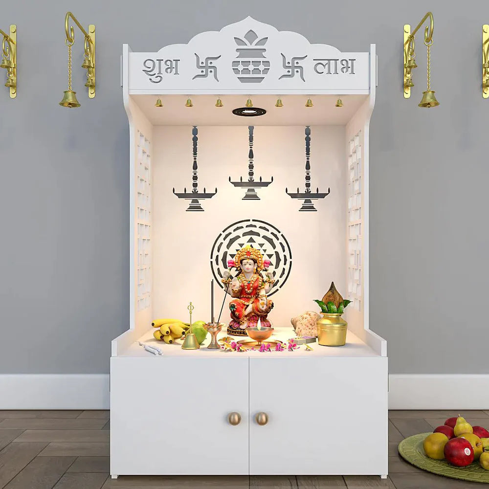 Timeless Wooden Floor Temple/Pooja Mandir for Home with Spacious Shelf & Inbuilt Focus Light White