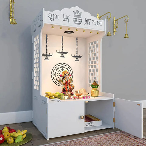 Timeless Wooden Floor Temple/Pooja Mandir for Home with Spacious Shelf & Inbuilt Focus Light White