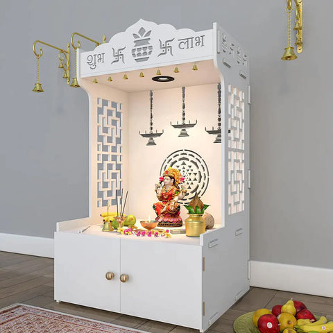 Timeless Wooden Floor Temple/Pooja Mandir for Home with Spacious Shelf & Inbuilt Focus Light White