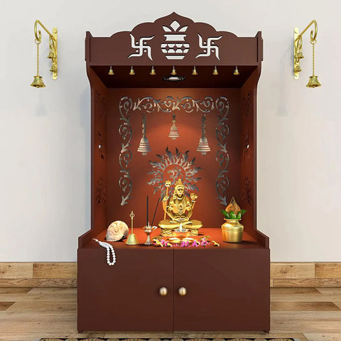 Aesthetic White Wooden Temple/Pooja Mandir for Home with Spacious Shelf & Inbuilt Focus Light Brown