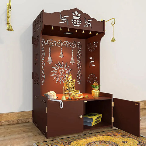 Aesthetic White Wooden Temple/Pooja Mandir for Home with Spacious Shelf & Inbuilt Focus Light Brown