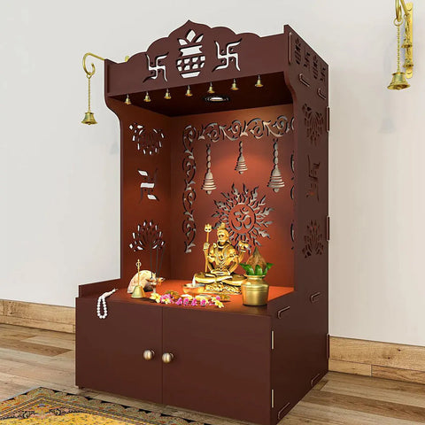 Aesthetic White Wooden Temple/Pooja Mandir for Home with Spacious Shelf & Inbuilt Focus Light Brown