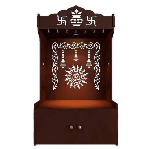 Aesthetic White Wooden Temple/Pooja Mandir for Home with Spacious Shelf & Inbuilt Focus Light Brown