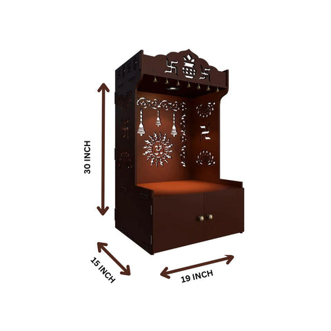 Aesthetic White Wooden Temple/Pooja Mandir for Home with Spacious Shelf & Inbuilt Focus Light Brown