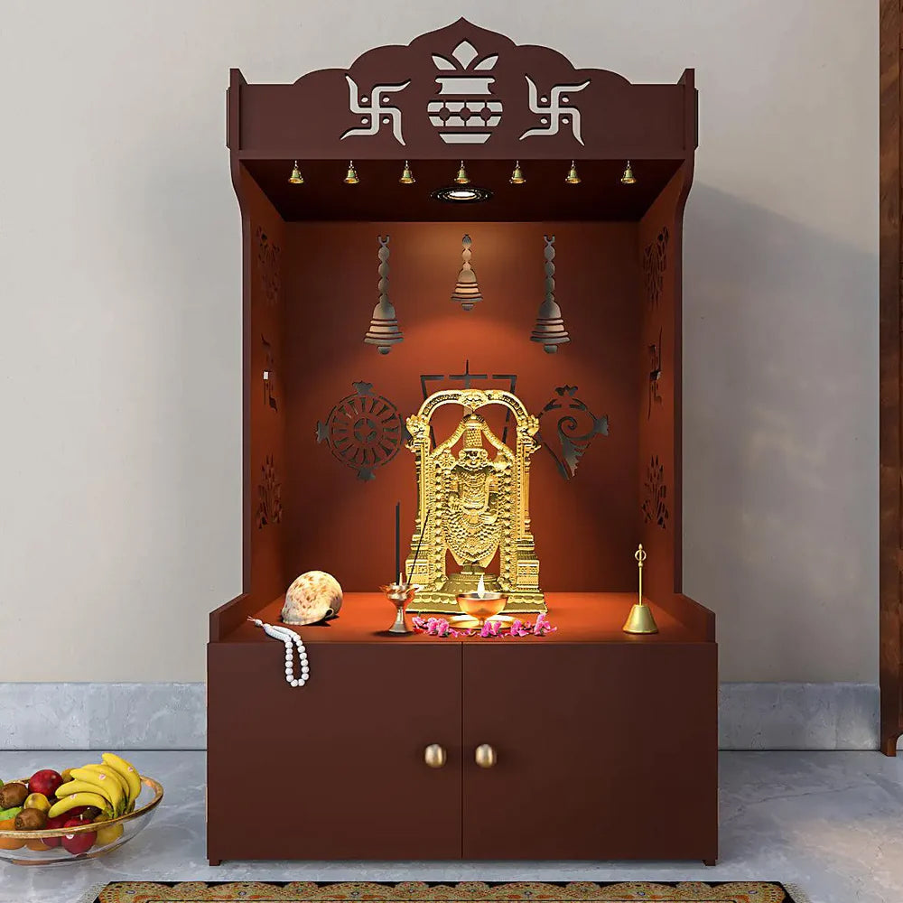 Intricate Detailed White Floor Temple/Pooja Mandir with Spacious Shelf & Inbuilt Focus Light Brown