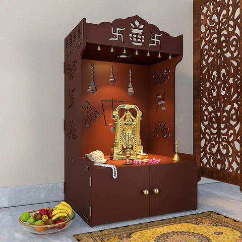 Intricate Detailed White Floor Temple/Pooja Mandir with Spacious Shelf & Inbuilt Focus Light Brown