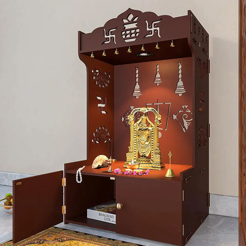 Intricate Detailed White Floor Temple/Pooja Mandir with Spacious Shelf & Inbuilt Focus Light Brown