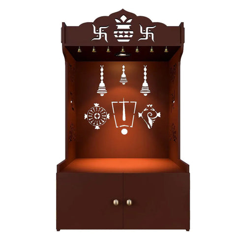 Intricate Detailed White Floor Temple/Pooja Mandir with Spacious Shelf & Inbuilt Focus Light Brown