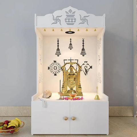 Intricate Detailed White Floor Temple/Pooja Mandir with Spacious Shelf & Inbuilt Focus Light