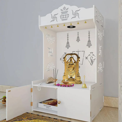 Intricate Detailed White Floor Temple/Pooja Mandir with Spacious Shelf & Inbuilt Focus Light