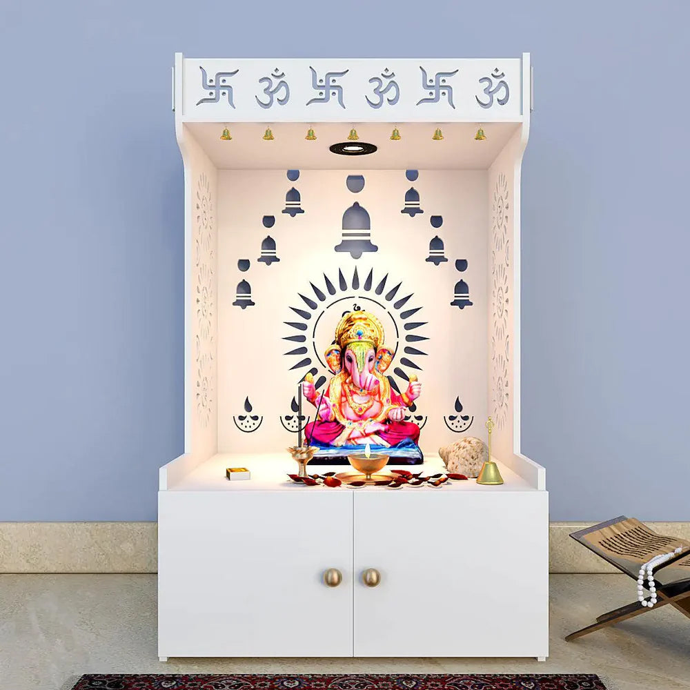 Divine Wooden White Home Temple/Pooja Mandir With Spacious Shelf & Inbuilt Focus Light