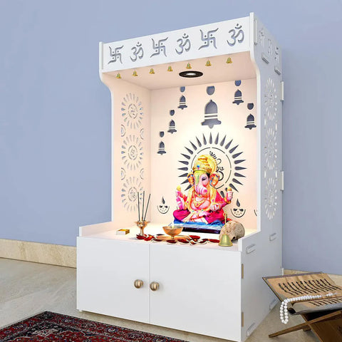 Divine Wooden White Home Temple/Pooja Mandir With Spacious Shelf & Inbuilt Focus Light