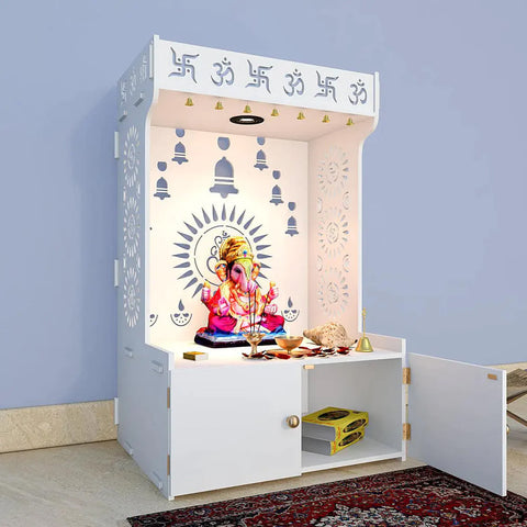 Divine Wooden White Home Temple/Pooja Mandir With Spacious Shelf & Inbuilt Focus Light