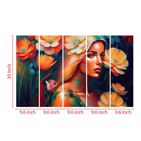 Vivid Portrait of Woman Amidst Blossoming Flowers and Foliage