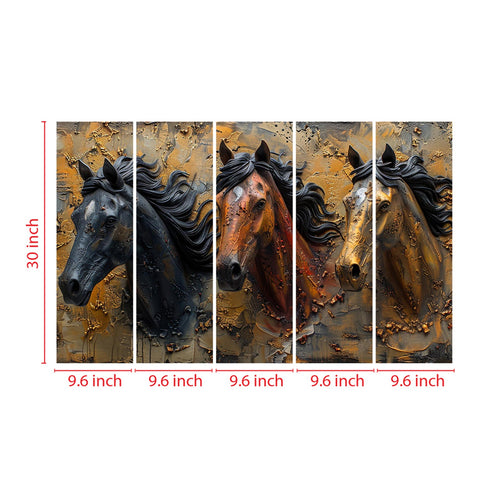 Three Majestic Horses Captured in Dramatic Textured Five-Panel Artwork