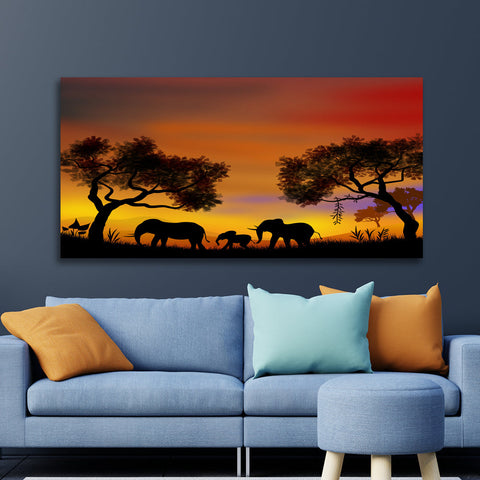 Elephants Sunset Walk Canvas Wall Painting