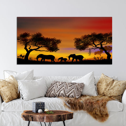 Elephants Sunset Walk Canvas Wall Painting