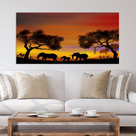 Elephants Sunset Walk Canvas Wall Painting