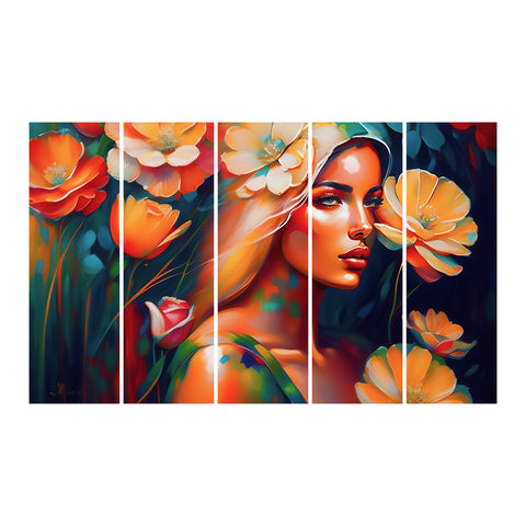 Vivid Portrait of Woman Amidst Blossoming Flowers and Foliage