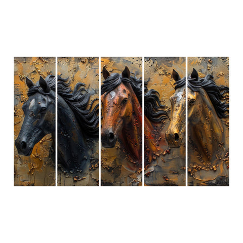 Three Majestic Horses Captured in Dramatic Textured Five-Panel Artwork