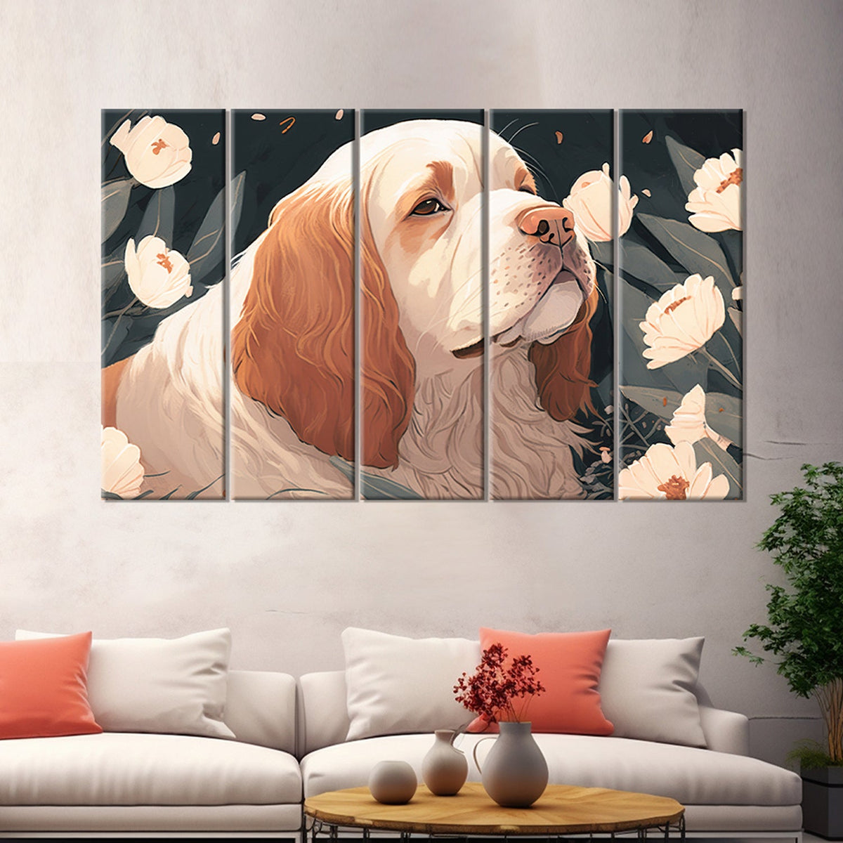 Gentle Spaniel Amidst Blossoms in Serene Garden Setting