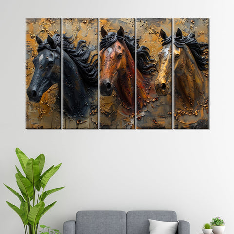 Three Majestic Horses Captured in Dramatic Textured Five-Panel Artwork