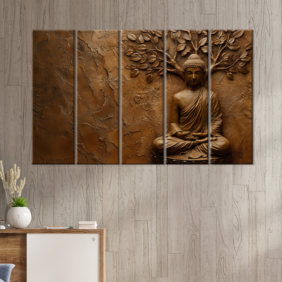 Bronze Buddha Meditating Beneath a Tree on Textured Background