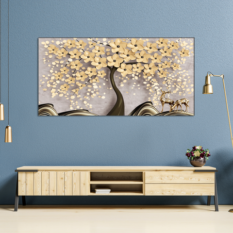 Beautiful Tree With Golden Flower Canvas Wall Painting