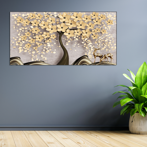 Beautiful Tree With Golden Flower Canvas Wall Painting