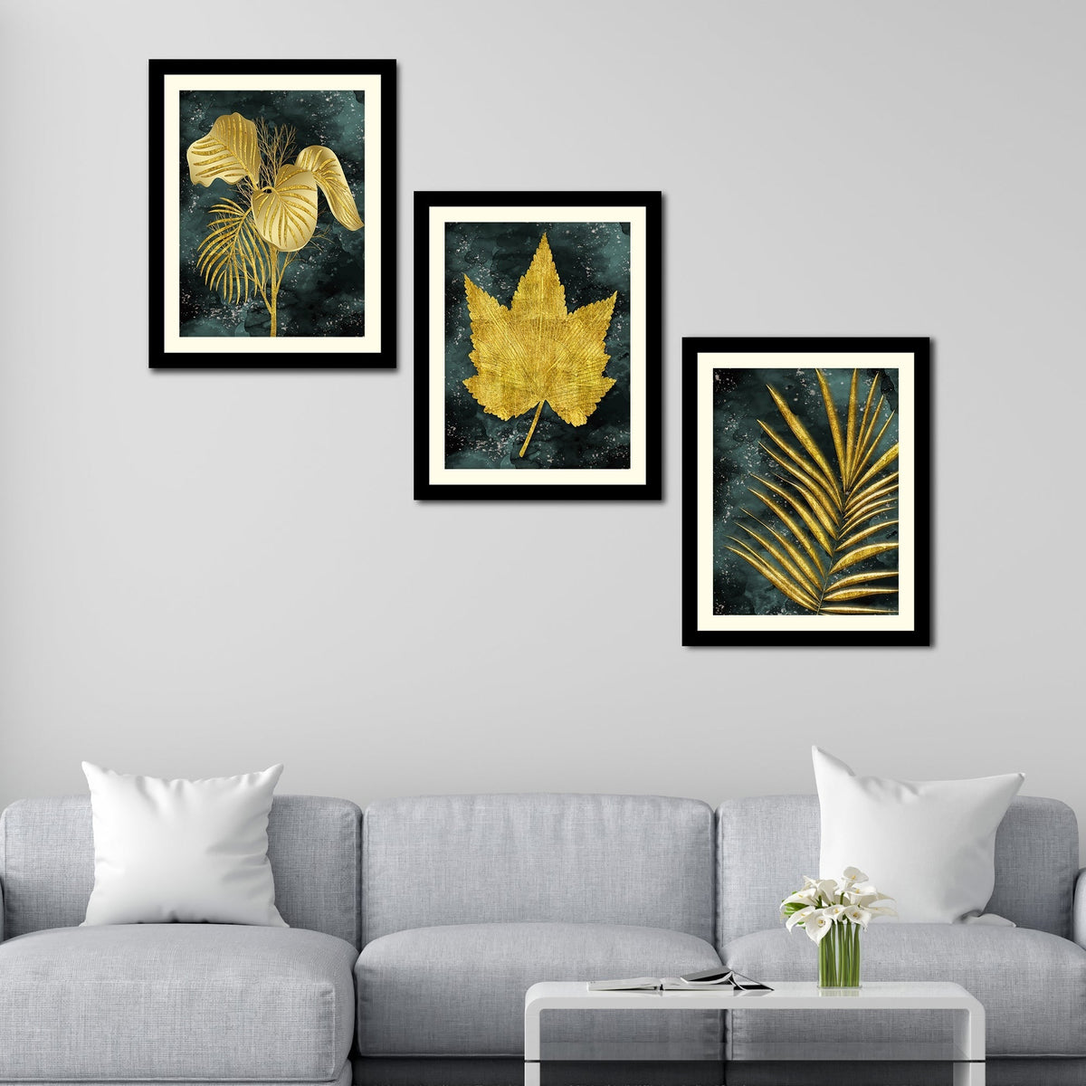 Golden Leaves Decorative Wall Frame Set of Three