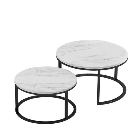 White Marble Round Iron Stand Coffee Tables Set of 2 (Black)