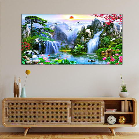 Mountain Sunset Waterfall Canvas Print Wall Painting